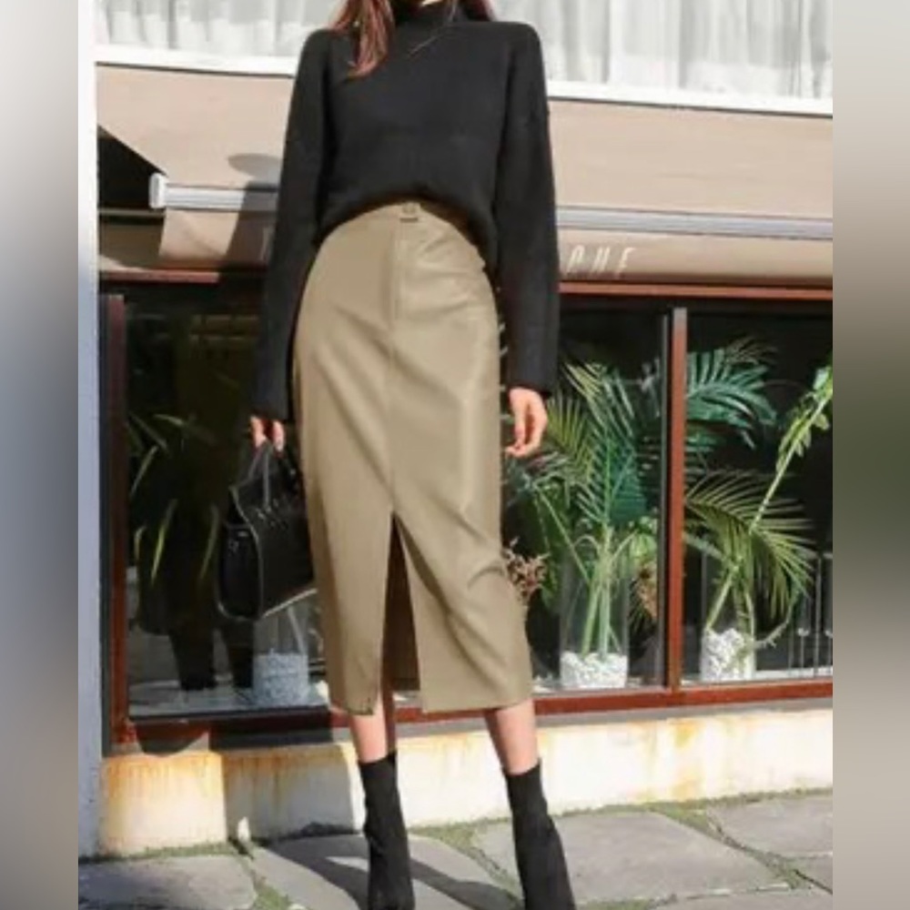 Faux Leather Midi Front Slit Skirt - XS XXS. Vegan Leather Capsule. Minimalist